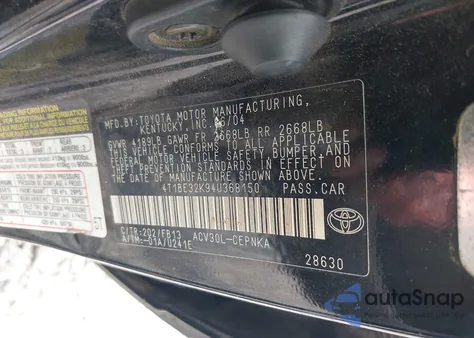 2004 Toyota Camry Std z USA, uszkodzony, nr VIN 4T1BE32K94U368150